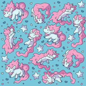 Enhörningar med rosa man flyter bland stjärnor, hjärtan och bubblor på en blå bakgrund. — Kawaii Unicorn Bakgrundsbilder