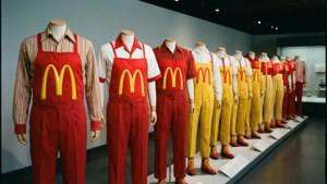 Eine Ausstellung von McDonald's Uniformen aus verschiedenen Jahrzehnten, die die Entwicklung zeigt