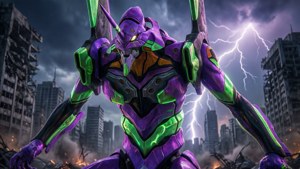 Evangelion Unit-01 stands tall amid ruins, glowing with power.