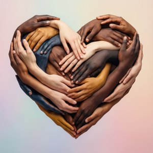 Een hart gevormd door diverse handen symboliseert eenheid en trots in deze inclusieve achtergrond.