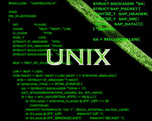 Texto UNIX e código C verde brilhante em fundo preto com efeito diagonal de cabo de fibra óptica. — Software Papéis de Parede