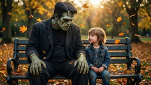 Frankensteins monster og et barn på en parkbænk om efteråret.