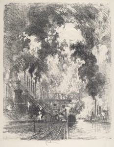 Unloading Ore by Joseph Pennell, created 1917, in lithograph. Download this artwork as a high-resolution wallpaper for desktop, tablet, or mobile. — Art Picture