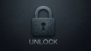 Et minimalistisk låsikon av mørk kode med 'UNLOCK'-tekst på en elegant teknisk bakgrunn