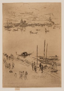 Upright Venice by James McNeill Whistler, created 1879/80, in Etching and drypoint with foul biting in dark brown ink on ivory Asian laid paper altered to buff. — Art Picture