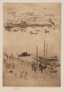 Upright Venice by James McNeill Whistler, created 1879/80, in Etching and drypoint with foul biting in black ink on off-white laid paper. Download this artwork — Art Wallpaper