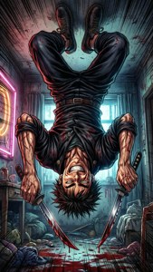 Juuzou Suzuya in a chaotic upside-down pose, knives ready, manga-inspired.