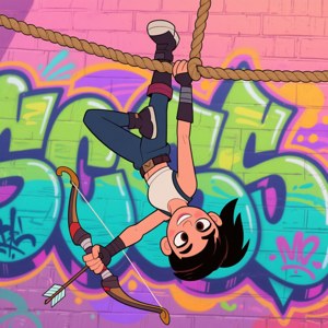 Kate Bishop in a playful upside-down pose, shooting an arrow.