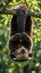 Un binturong giocoso appeso a testa in giù a un ramo.