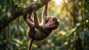Bayi monyet yang lucu bergelantungan terbalik dari dahan di hutan.
