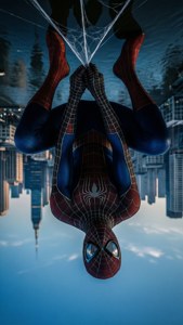 Spiderman hitam bergelantungan terbalik dengan pemandangan kota yang terbalik