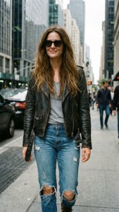 Leighton Meester em streetwear casual explorando a cidade.