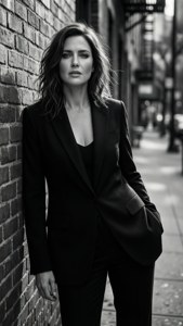 Beth Behrs in un elegante abito nero in un ritratto urbano in bianco e nero.