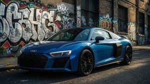 Blå Audi R8 i et urbant miljø med graffiti baggrund.