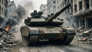 Leopard 2A6 navigerer gennem en ødelagt bygade med murbrokker og røg, krigsscene.