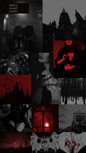 Gothic collage with red and black imagery including skulls castles and silhouettes.
