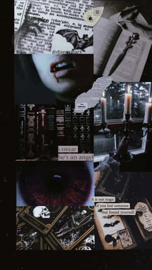 Gotische Collage mit Vampirtext, Blut, Kerzen, Büchern und okkulten Symbolen in dunklen Tönen. — Vampire Wallpaper
