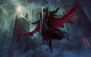Vampire with red cape and sword floating above a gothic castle at night. — Vampire Wallpaper
