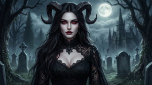 Fond d'écran gothique romantique d'une femme vampire avec des cornes de diable dans un cimetière éclairé par la lune.