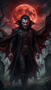 En vampyr med glödande röda ögon står på en kyrkogård under en röd måne.