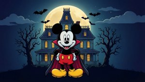 Mickey Mouse som vampyr i flad vektorstil med et hjemsøgt palæ.