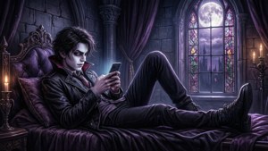 A bored teenage vampire texts on a smartphone atop a coffin in a gothic castle.