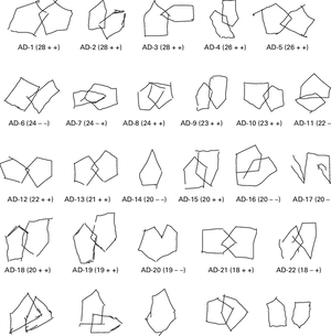 Grid of abstract geometric shapes outlined in white on teal background.