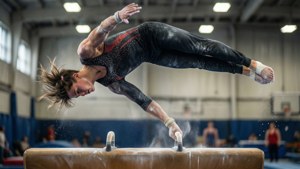 A dynamic backflip over a vaulting table with motion blur and flying chalk. — Gymnastics Wallpaper