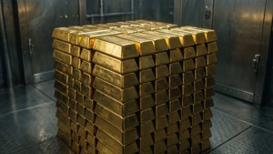 Pile de lingots d'or dans une salle de coffre-fort sécurisée avec des portes métalliques.
