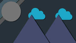 Zwei violette Berge mit türkisfarbenen Wolken und einer grauen Sonne in einem minimalistischen Design. — Moon Landscape Wallpaper