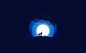 Wolf and pup silhouetted against a glowing moon and layered blue clouds at night. — Wolf Wallpaper