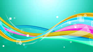 Dynamic colorful waves and floating squares on a teal gradient background. — Line Vector Picture