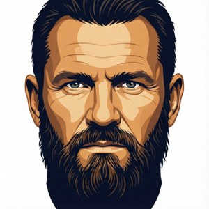 Ritratto vettoriale minimalista di Dan Severn con colori piatti e linee pulite.
