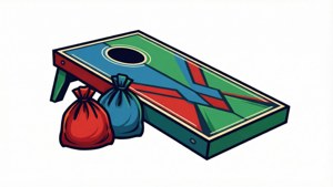 Saubere Vektorillustration eines Cornhole-Bretts und drei Beanbags in modernem geometrischen Stil.