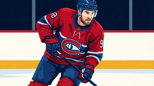 Ilustrasi seni vektor minimalis Patrick Roy dalam pose hoki.