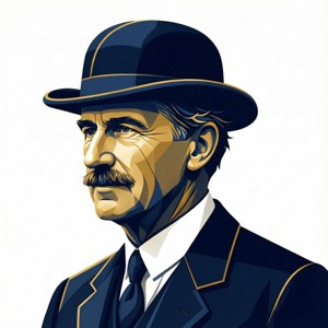 Arte vettoriale minimalista di Henry Ford di profilo con una bombetta, utilizzando forme geometriche pulite e colori blu marino e oro.