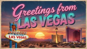 Vintage-postikorttityyli, jossa 'Greetings from Las Vegas' ja retro-neonmaamerkkejä