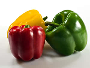Three colorful bell peppers red yellow and green on white background — Cabbage Background