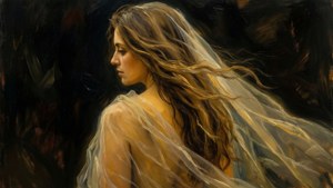 Et melankolsk portræt af en kvinde, der vender sig væk, med et gennemsigtigt slør draperet over skulderen mod et mørkt tomrum.