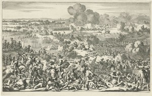 Veldslag by Jan Luyken, created 1695, in paper; etching. Download this artwork as a high-resolution wallpaper for desktop, tablet, or mobile.