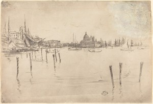 Venice by James McNeill Whistler, created 1879/1880, in etching with gray wash on wove paper. Download this artwork as a high-resolution wallpaper for desktop, — James McNeill Whistler Wallpaper