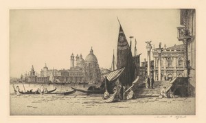 Venice by Andrew Fairbairn Affleck, created c. 1920s, in etching and drypoint. Download this artwork as a high-resolution wallpaper for desktop, tablet, or mobi — Andrew Fairbairn Affleck Wallpaper