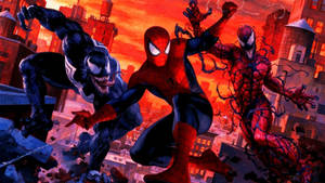 Spider-Man Venom and Carnage battle atop a cityscape at sunset. — Cool Venom Vs Carnage Picture