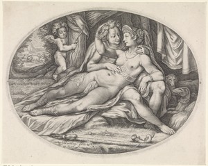 Venus and Adonis by Jacob Matham, created 1599 - 1600, in paper; engraving. Download this artwork as a high-resolution wallpaper for desktop, tablet, or mobile.