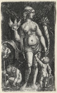 Venus between two cupids by Albrecht Altdorfer, created 1520, in engraving. Download this artwork as a high-resolution wallpaper for desktop, tablet, or mobile. — Art Wallpaper