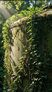 Et hyperrealistisk makrobillede af en biogastank, der er overgroet med slyngplanter og mos.