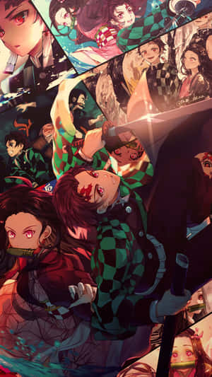 Demon Slayer anime characters in combat with swords and vivid red green color scheme. — Nature Vertical Background