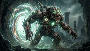 Gaming monster with glowing green eyes emerging from a swirling energy portal in a ruined temple. — Destiny Wallpaper