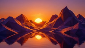 Un paesaggio geometrico colorato con montagne e riflesso del sole.