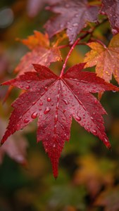 Close-up of a red maple leaf with water droplets in autumn. — Aesthetic Fall Wallpaper